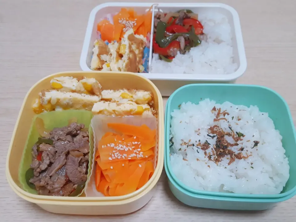 つくりおきお弁当
🌼牛肉とパプリカのチンジャオロース
🌼ぴらぴらにんじんのナムル
🌼ぎっしりコーンオムレツ

 #大学生 #つくりおきべんとう|ぽよさん