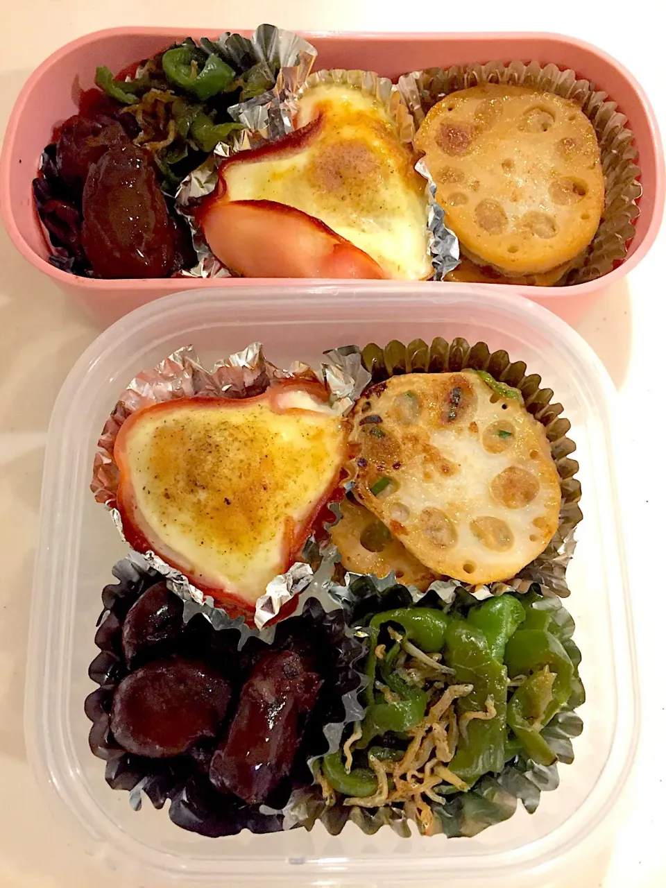 ♡今日のお弁当♡
#ハムエッグ#ピーマンとジャコの炒めもの#醤油そら豆#レンコンのはさみ焼き|りんりんさん