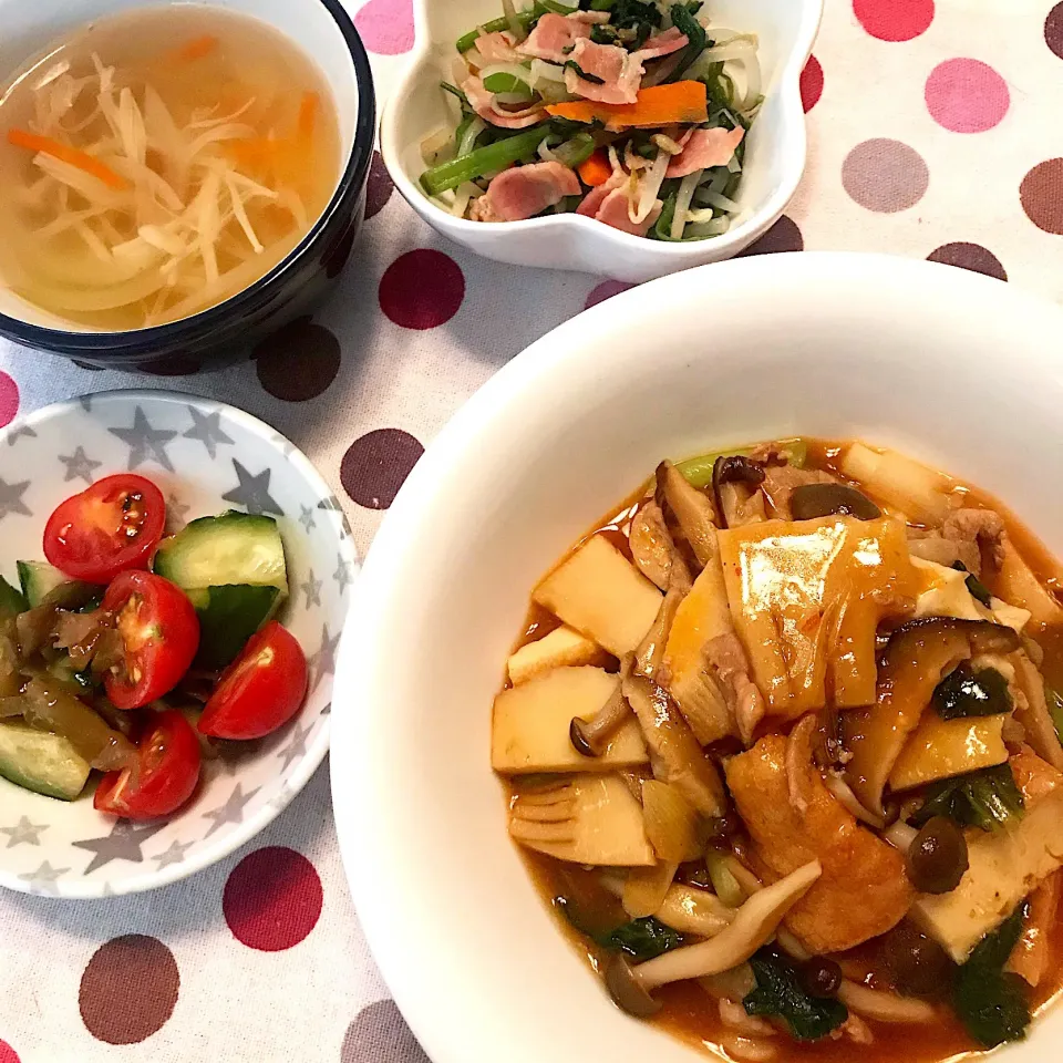 家常豆腐♡きゅうりとトマトのザーサイ和え♡空芯菜の炒め物♡中華スープ♡|まゆかさん