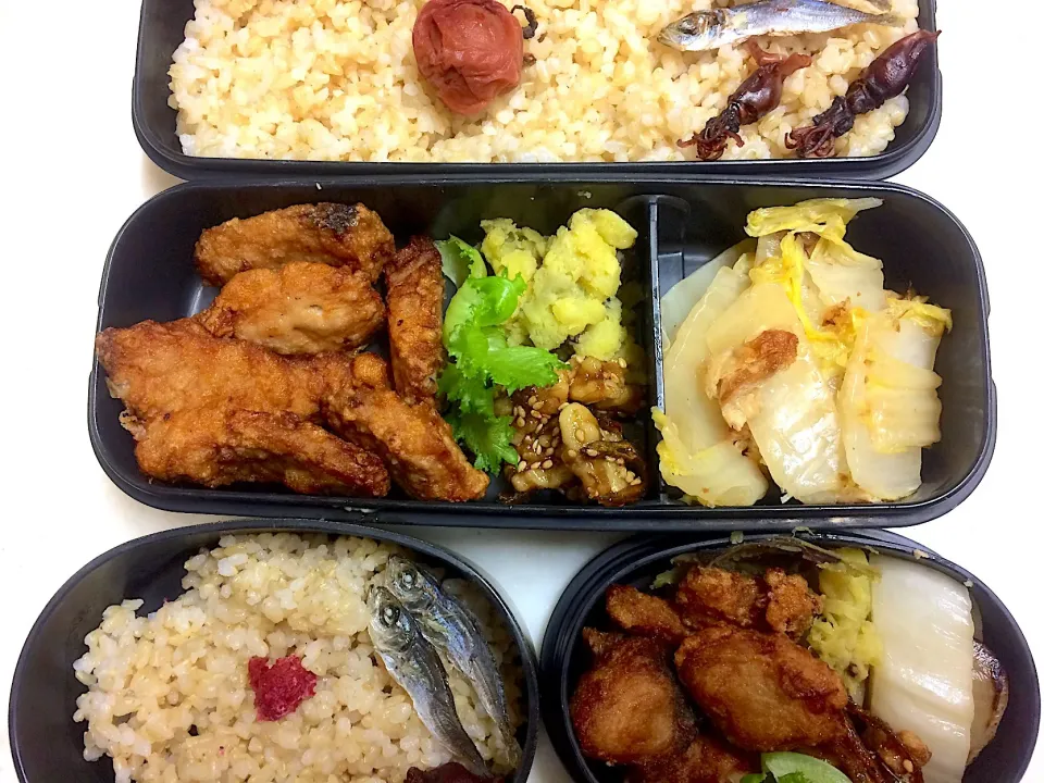 #今日のお弁当 鰹の竜田揚げ、さつまいものサラダ、くるみ小女子、白菜と油揚げの炒め煮|Victoryageさん