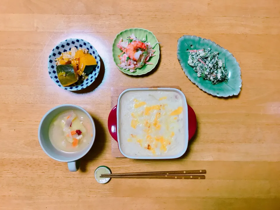 夕ごはん
マカロニグラタン 
かぼちゃの煮物|ちゃみこさん