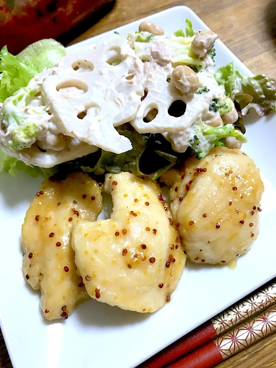 鶏のハニーマスタード焼き・レンコンサラダ|ちびろ菌さん