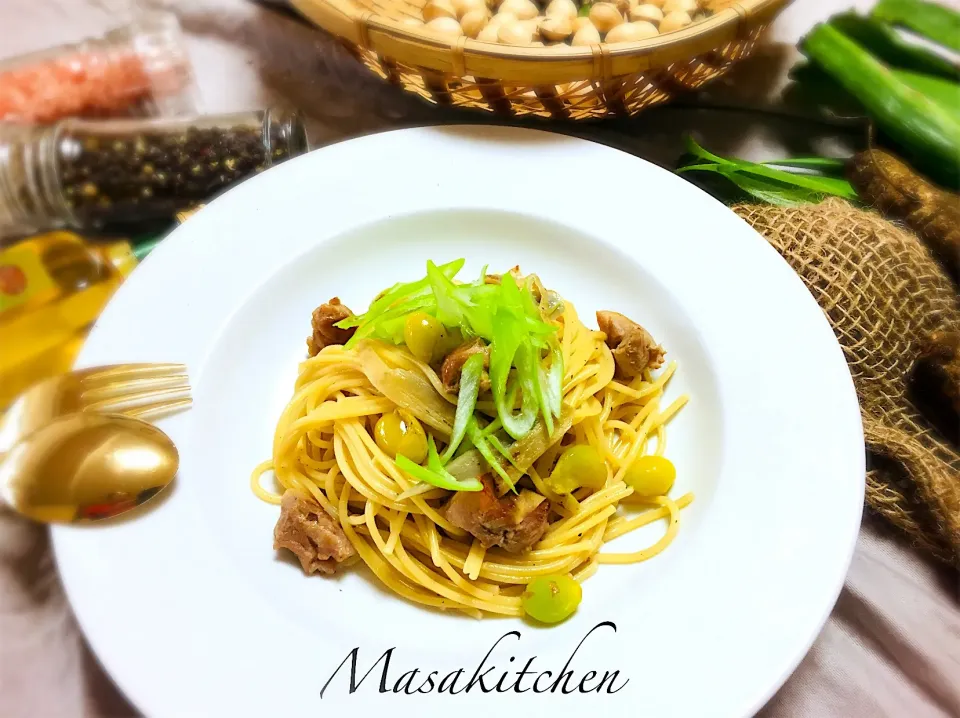 Chicken,leek, burdock and ginkgo pasta|Masakiさん