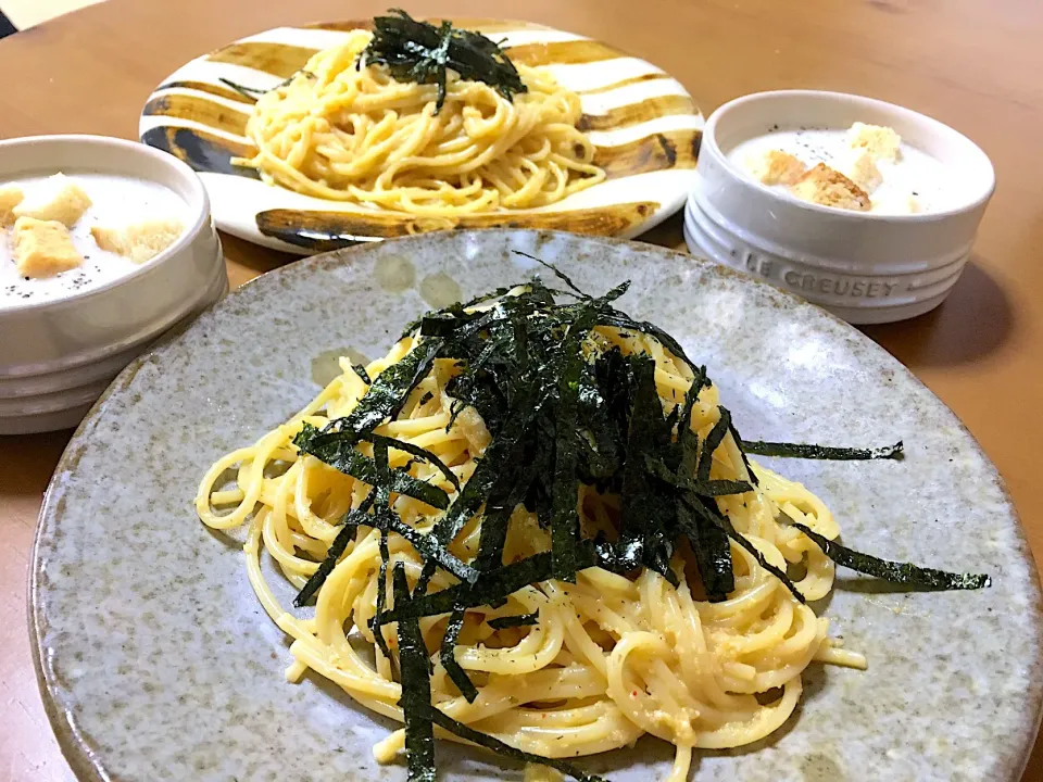 辛子明太子カルボナーラと🍠さつまいもポタージュでランチ（○'ω'○）|さくたえさん