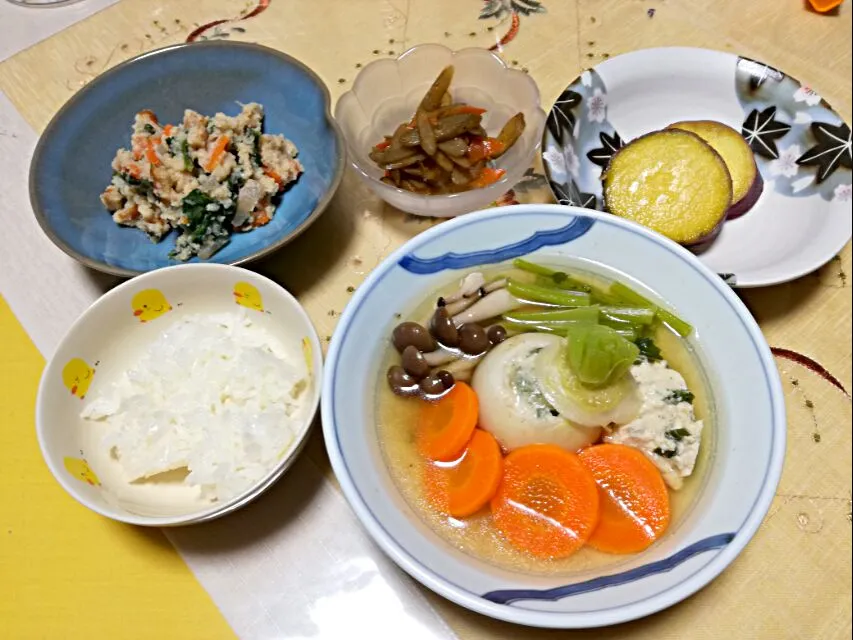 晩ごはん
- 蕪の肉詰めｺﾝｿﾒｽｰﾌﾟ
- 菊菜のおから煮
- きんぴら牛蒡
- さつまいも蜂蜜ﾚﾓﾝ煮|korinoさん