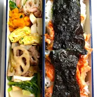 Snapdishの料理写真:2017/12/15お弁当 牛肉とレンコンのコク炒め 春雨サラダ かぶと薄揚げのあっさり煮 かぼちゃサラダ 長芋のお漬物 ほぐし鮭ご飯|mii_nkhrさん