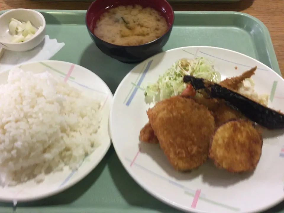 揚げ物盛り合わせ&ご飯大盛り 650円|おっちさん