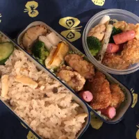 12/19お弁当 しめじと薄揚げの炊き込みご飯 ひれかつ 塩唐揚げ 南瓜の天ぷら がんも煮 ウィンナー ブロッコリーのおひたし 長芋ピリ辛漬け きゅうりの塩昆布漬け|mii_nkhrさん