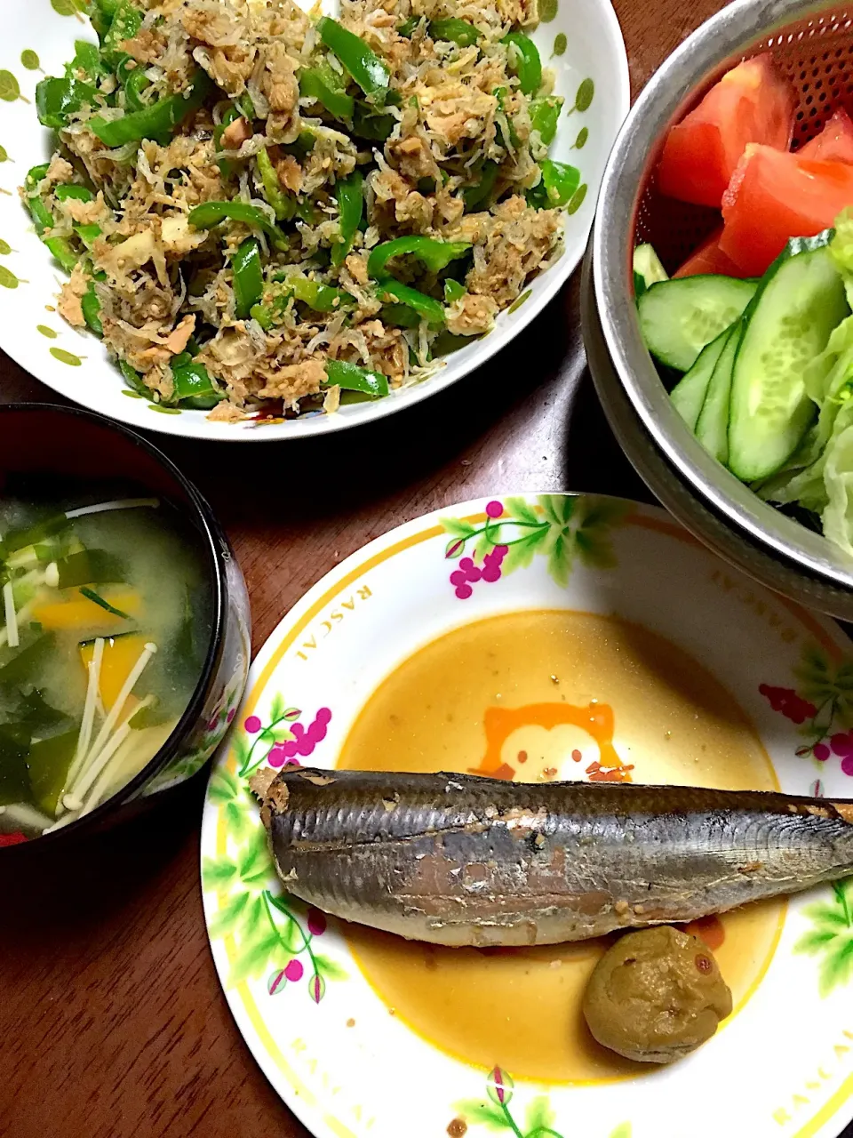 鰯の梅味噌煮   ピーマンのツナ炒め   サラダ   味噌汁|掛谷節子さん