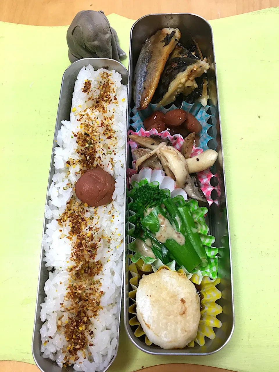 Snapdishの料理写真:鯖の西京焼 きのこ炒め 煮豆 長芋ソテー ブロッコリー🥦弁当。|Kumiko Kimuraさん