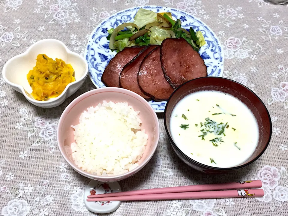 野菜炒め、焼きハム、かぼちゃサラダ、かぼちゃのポタージュ|小鳥さん