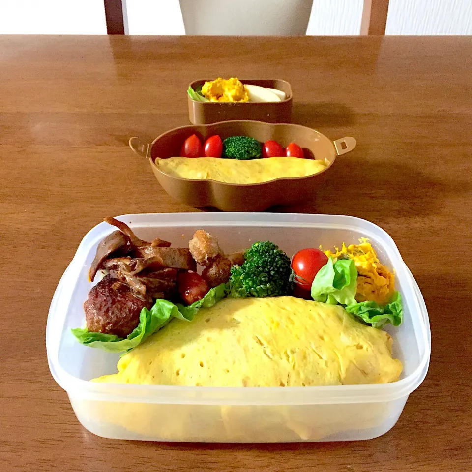 オムライスとハンバーグ、エビフライ弁当 #お弁当|ゆかりさん