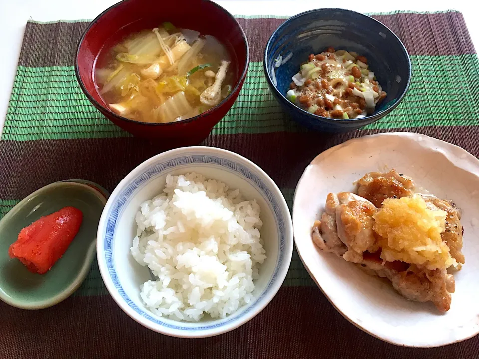 鶏肉のおろしポン酢 白菜の味噌汁 納豆|まりとんさん