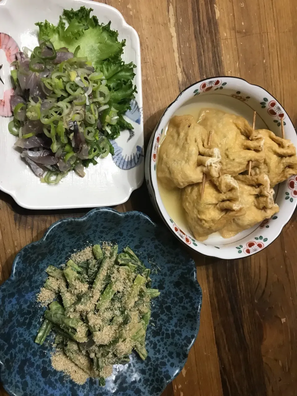 鯵のたたき、袋煮、小松菜の味噌マヨすりごまかけ|Lindaさん