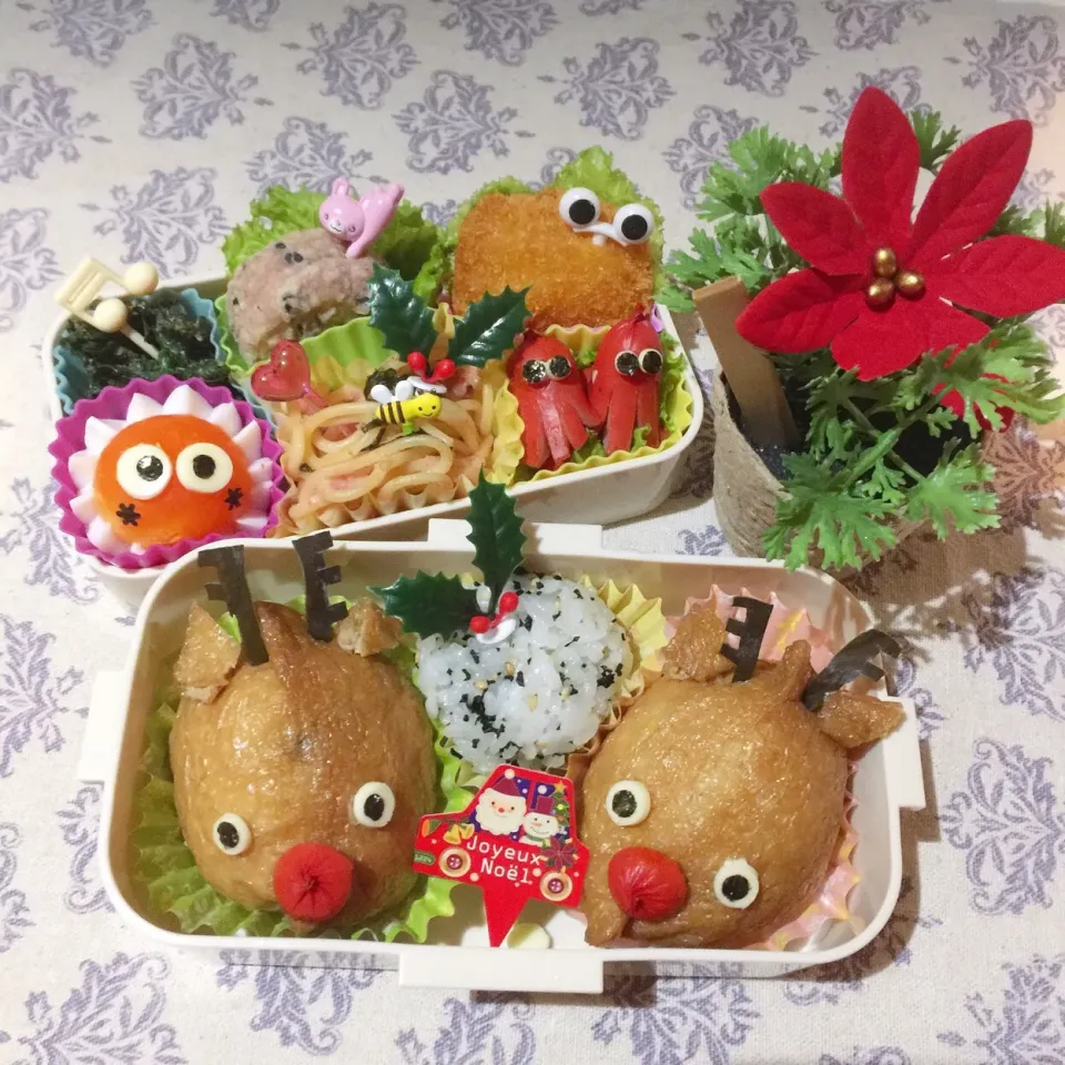 Snapdishの料理写真:12/26❤︎クリスマス🎄娘の五目いなりトナカイさん弁当❤︎🎄✨ 今日は仕事なので自宅弁当です💕 一日過ぎたクリスマス🎄弁当 #お弁当 #お昼ごはん #娘弁当 #ランチ #五目いなり #クリスマス #トナカイ|Makinsさん