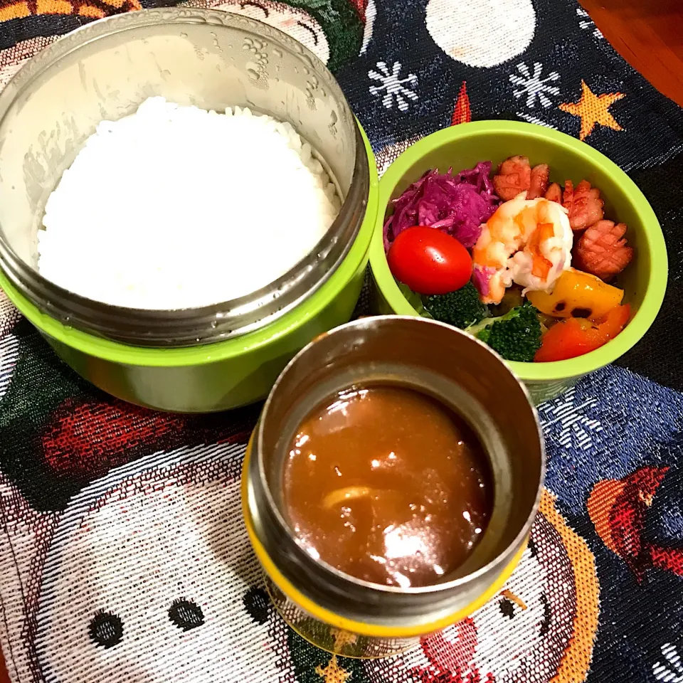 Snapdishの料理写真:今日のお弁当🍱 あたたかいカレーライス弁当🍛 ❄️ 雪の降る朝 寒さ対策はしっかりして 足元に気をつけて いってらっしゃい👋😊今年はこれでお弁当おさめ😊毎日のお弁当作りの皆さんもお疲れ様でした✨|mokoさん