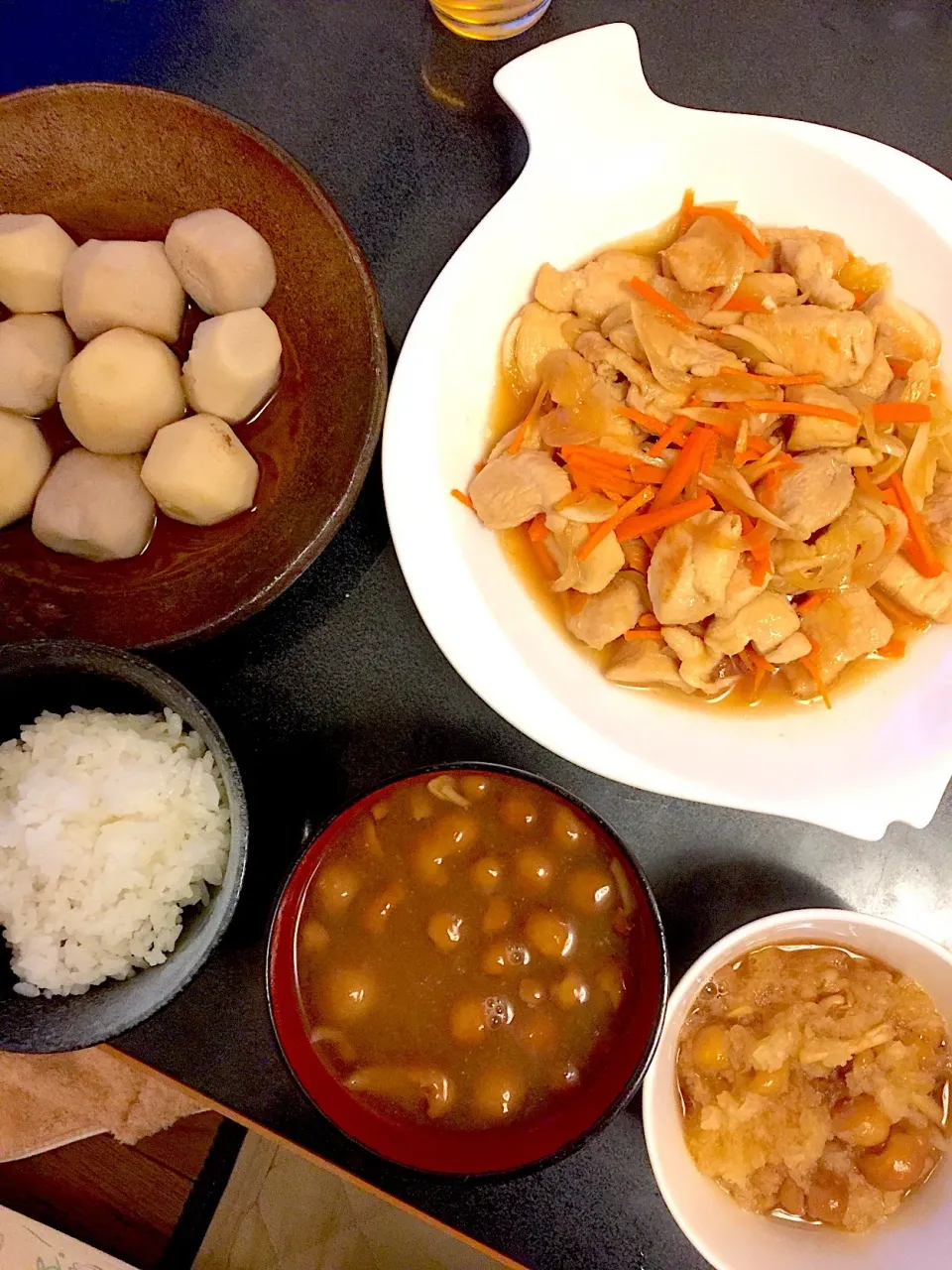 鶏胸肉の南蛮漬け & くわいの煮物 & なめこおろし & なめこのお味噌汁|ぺろたんさん