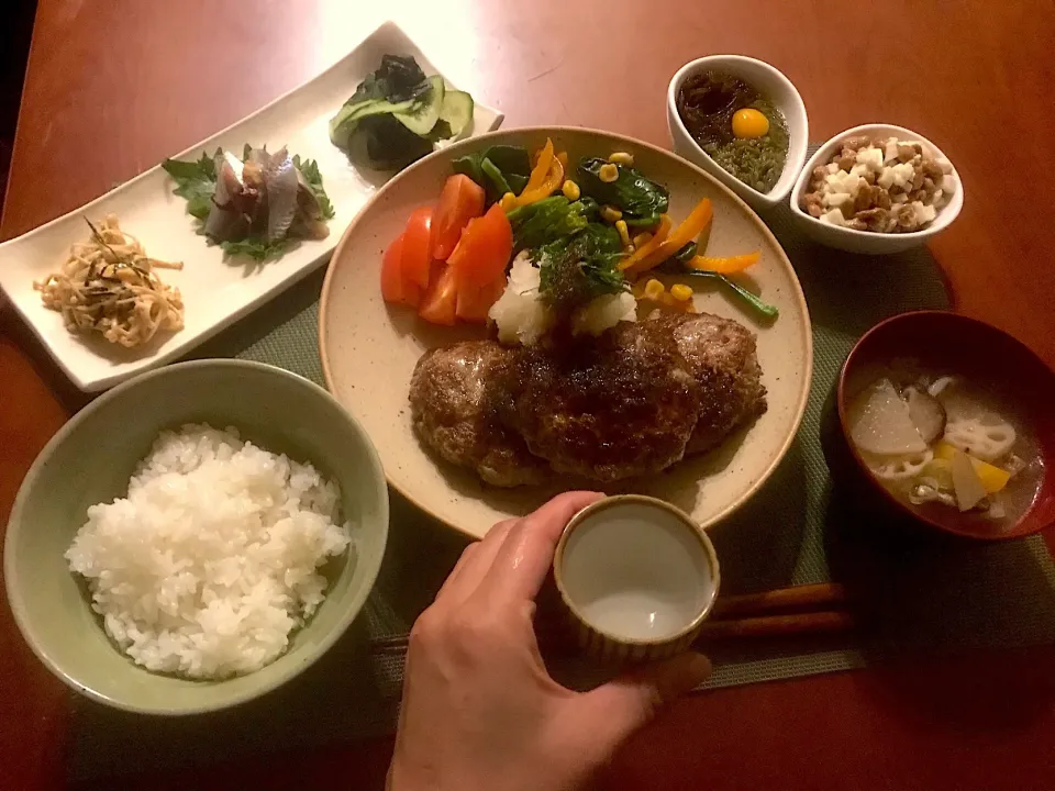 Today‘s Dinner🍴前菜･和風おろしﾊﾝﾊﾞｰｸﾞ･豚汁･白飯･もずく&めかぶ･納豆&大和芋|🌈Ami🍻さん