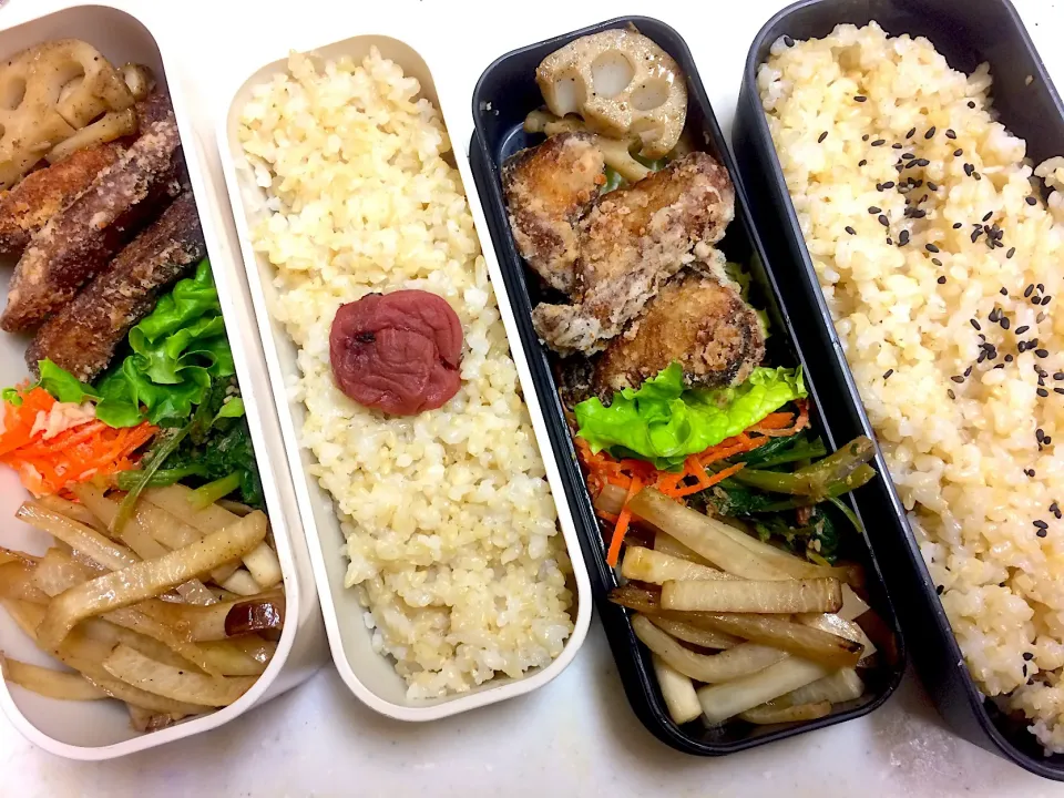 #今日のお弁当 鰹の竜田揚げ、焼き蓮根のぽん酢和え、人参のツナサラダ、ほうれんそうのごま和え、大根の皮のきんぴら|Victoryageさん