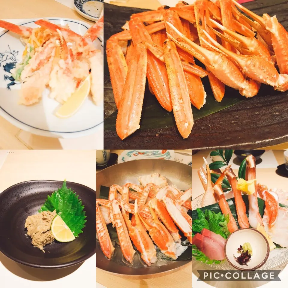 Snapdishの料理写真:西村屋。かにみそ、カニさし、蒸しがに、焼きがに、かに天。|エリカさん