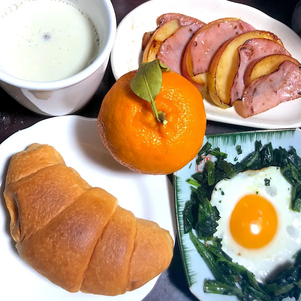 Snapdishの料理写真:今日の朝ごはん。丹波豆のきなこの豆乳ドリンク、焼きリンゴとハムの重ね、ほうれん草の巣篭もり風目玉焼き、はっさく、クロワッサン。|岸野 令子さん