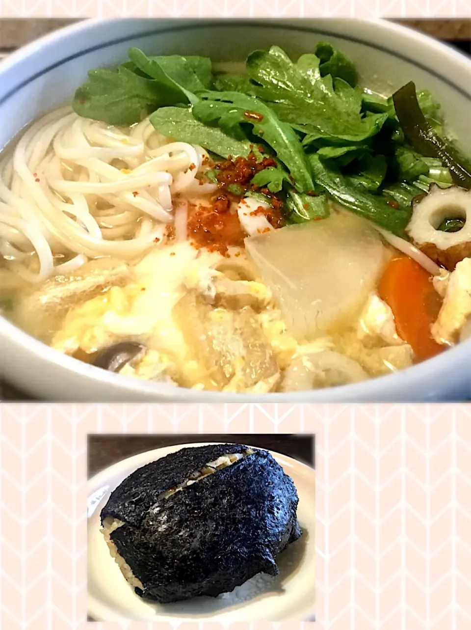 けんちん卵とじ細うどん&爆弾鶏飯むすび
#具材たっぷり
#煮干昆布出汁
#半田麺
#炭水化物ランチ|mottoさん