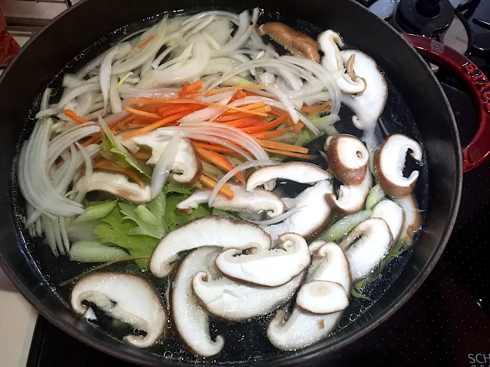 Snapdishの料理写真:チキンや香味野菜を取り出して残りのスープに野菜と水を足して野菜スープ|K N 3さん