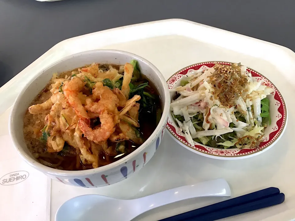 蕎麦、海老かき揚げ、青菜、揚げ玉、しらすとシソ大根サラダ|Tadahiko Watanabeさん