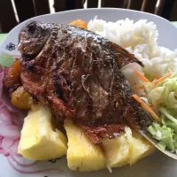 Paco a la parrilla con yuca y ensalada|Justo Romeroさん