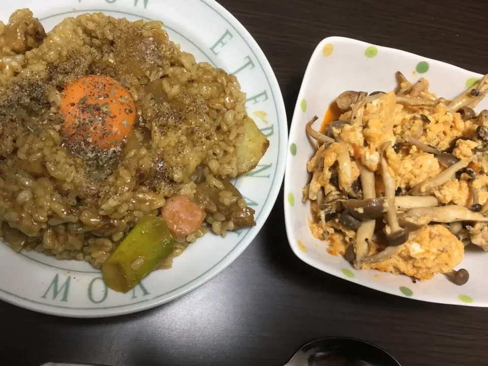 #カレーチーズリゾット#キノコと卵の中華炒め|はっしーさん