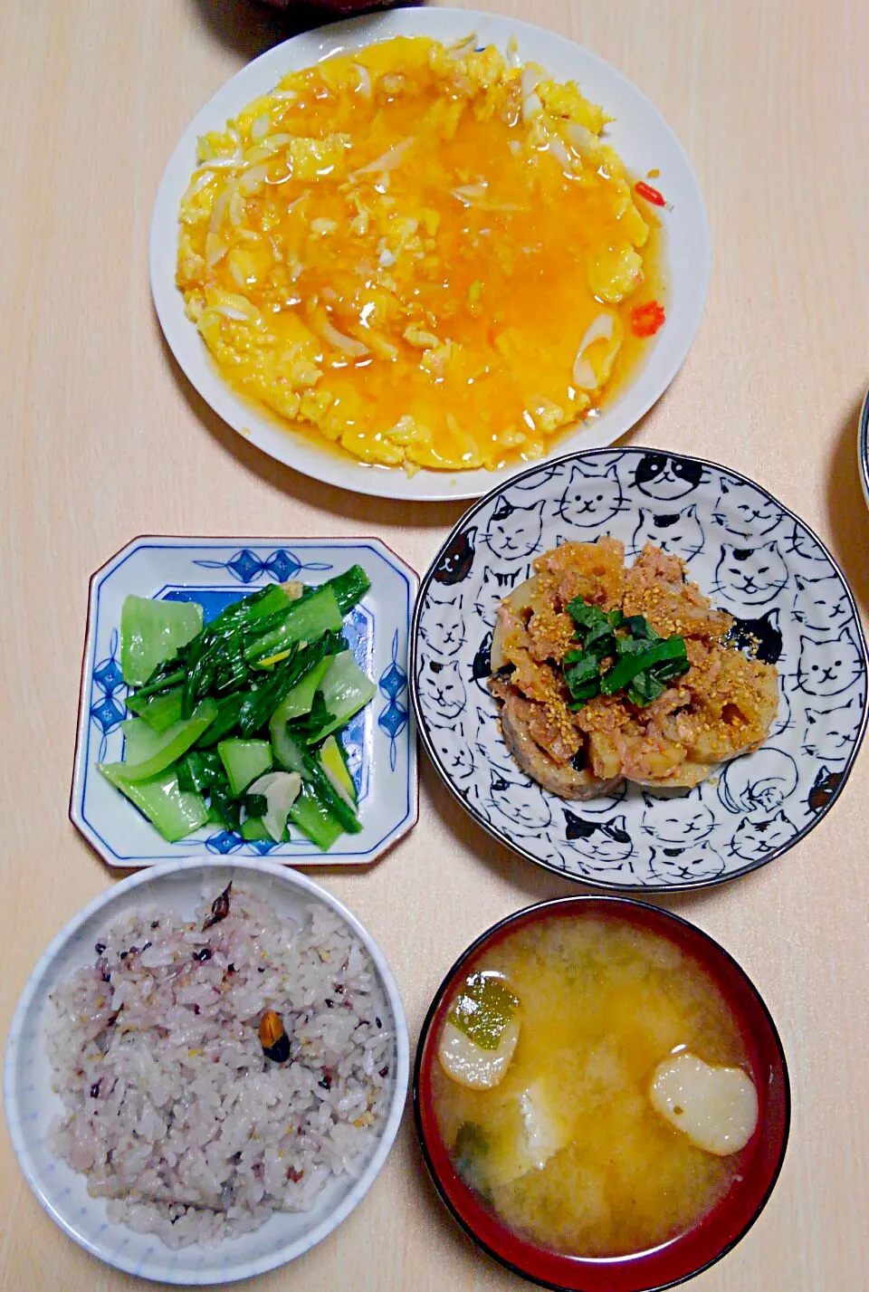 １２月１３日　かに玉　無限ツナれんこん　チンゲン菜のにんにくしょうが蒸し　お味噌汁|いもこ。さん