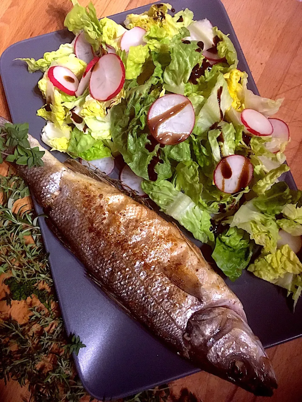 Mořský vlk s tymiánem a zeleninový salát
 #fish  #radish #thyme  #balsamic|Lenka Posledníさん