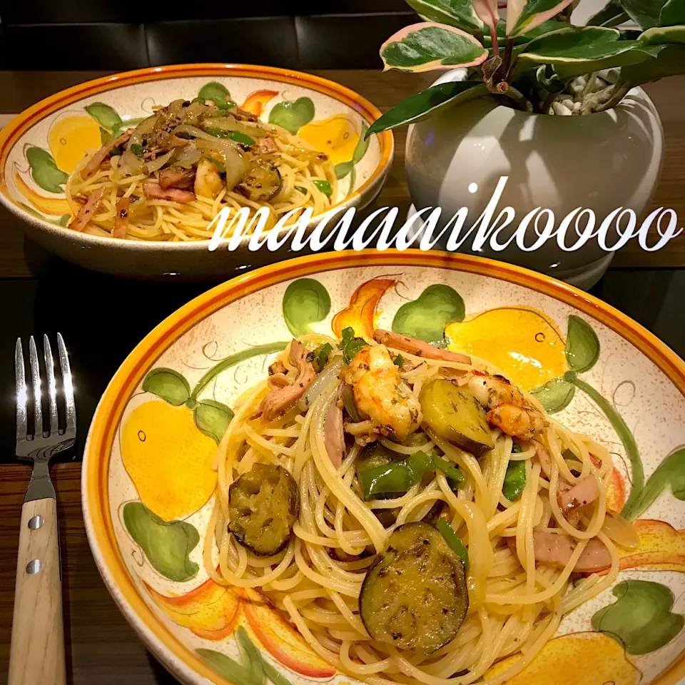 海老と茄子のアーリオオーリオペペロンチーノ🍝|マイコさん