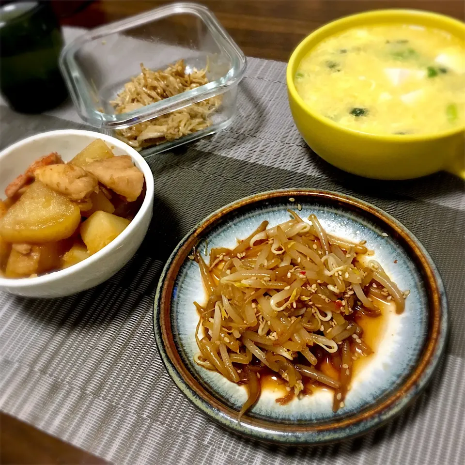 じゃがいもと大根と鶏肉のめんつゆ煮
おつまみもやし
白だしかきたま汁|たまさん