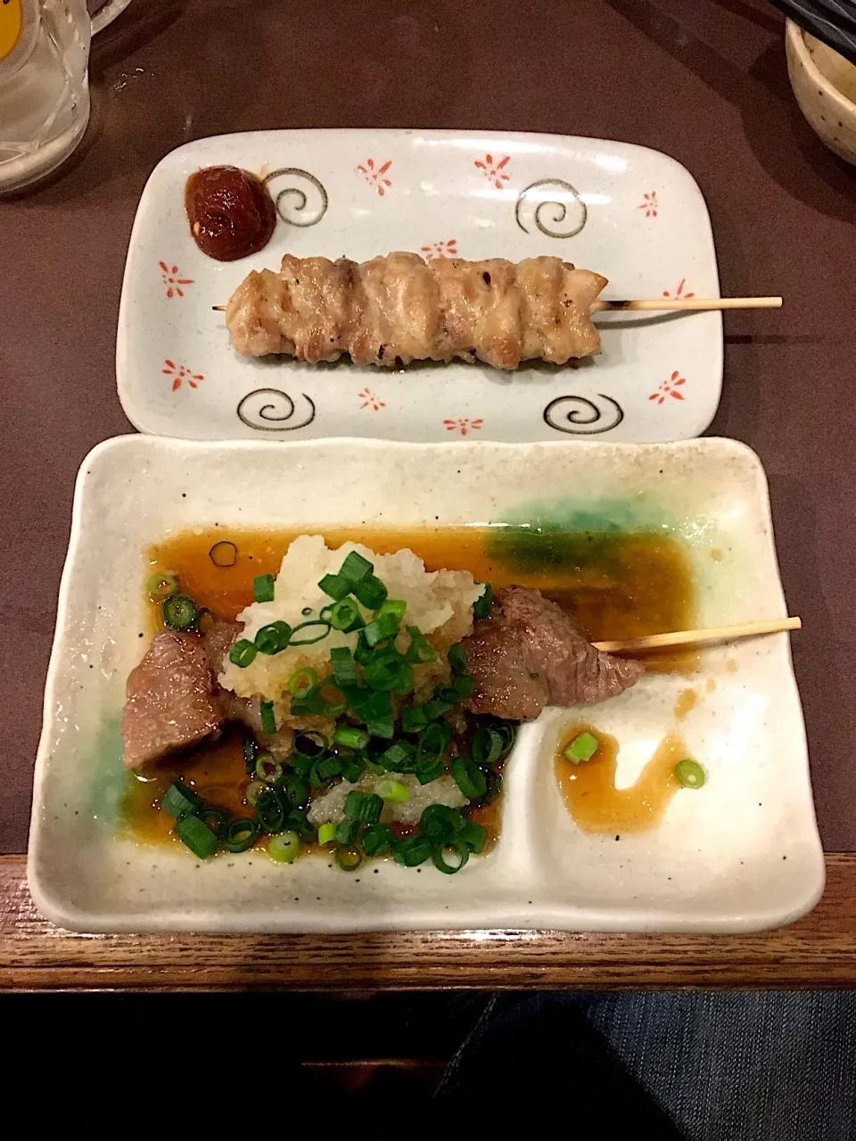 鶏せせり串焼きと和牛ロース串おろしポン酢|しのぶさん