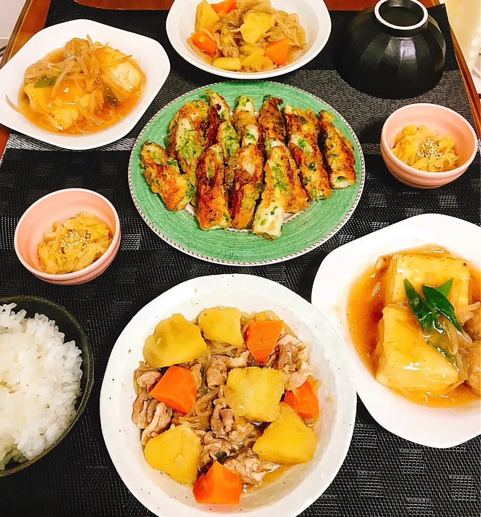 【晩御飯】 肉さつま ちくわの磯辺揚げ 豆腐と肉団子の野菜あんかけ 白菜の胡麻和え 白米|たろさんさん