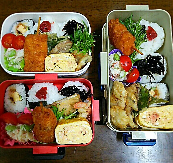 ３人弁当🍱
   おにぎり 明太子入り卵焼き😃|miimiさん