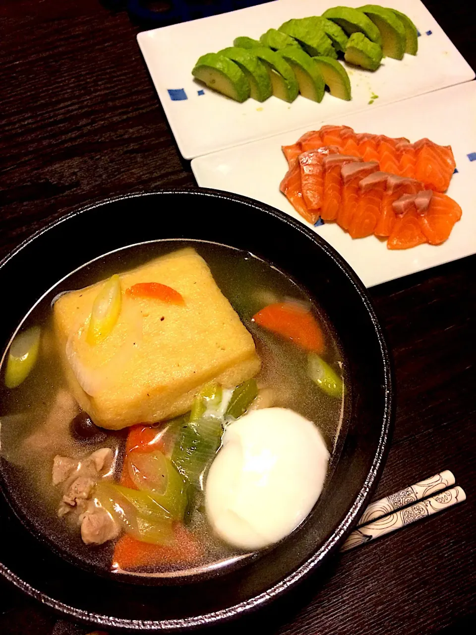 2018/01/19夜ご飯☺︎
 #うどん  #サーモンのお刺身  #アボカド  #よるごはん  #よるご飯  #おうちごはん  #家飯 #温泉卵大成功|かなさん