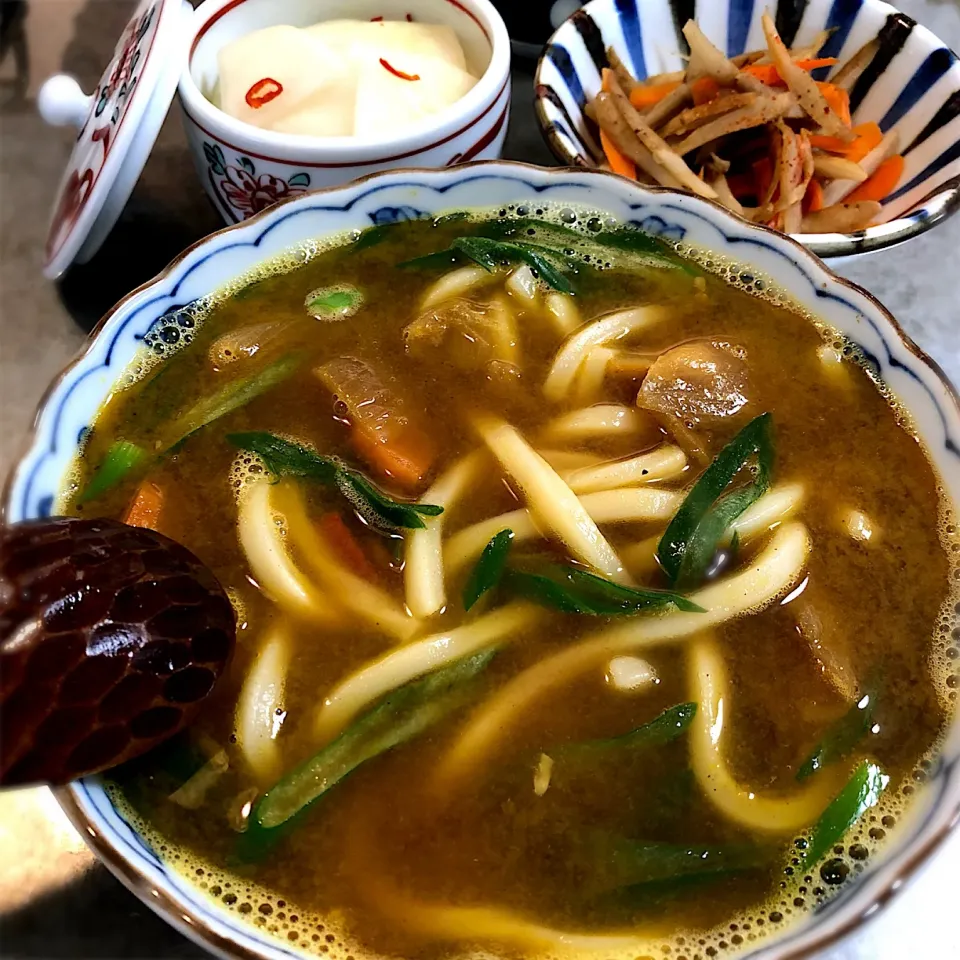 Snapdishの料理写真:なみなみカレーうどん😅ときんぴらゴボウ、カブの浅漬け|nao子さん