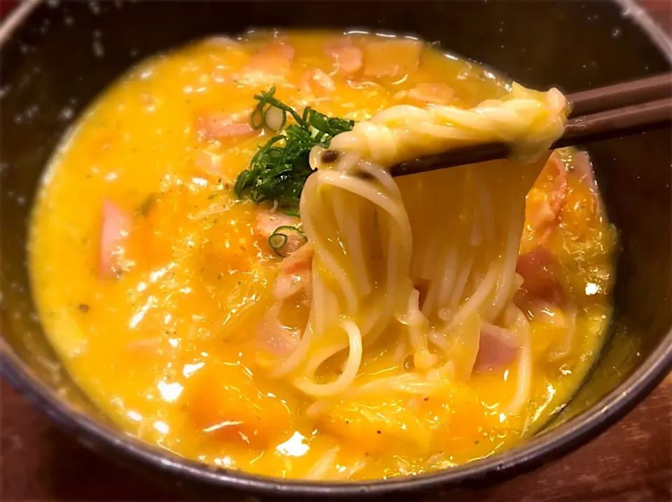 Snapdishの料理写真:豆乳かぼちゃポタージュ温めん2|半田手延べそうめんの店 阿波や壱兆さん