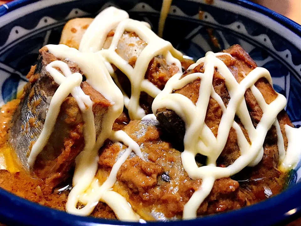 サバ味噌の缶詰をチン！して、マヨネーズをかけると美味いよ😋🍺💕|ジイジさん