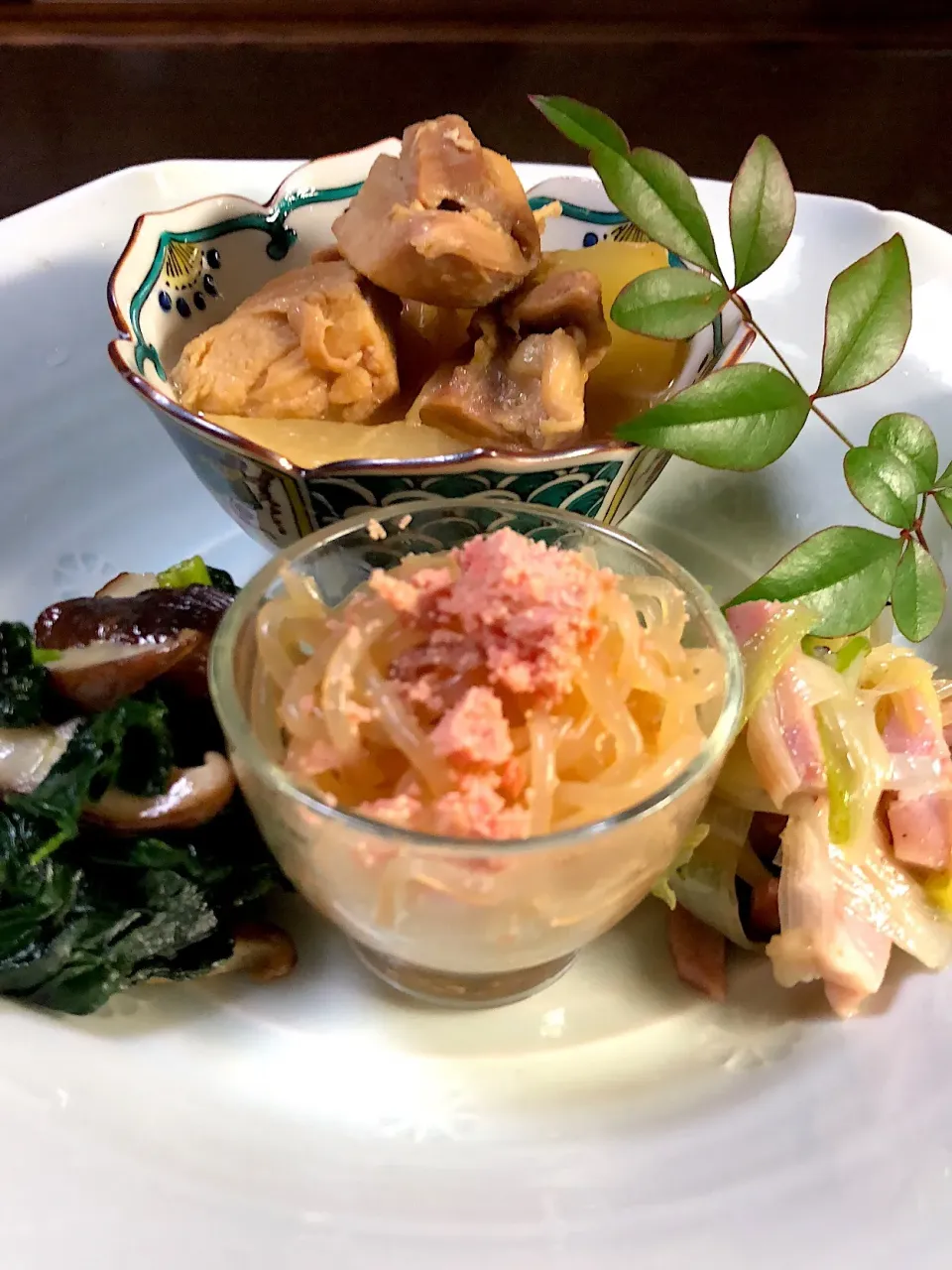 #和食#ネギとハムの炒め物#ほうれん草と椎茸の炒め物#たらこ白滝#だいこんと鶏肉の煮物|shokohanさん