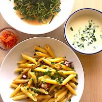 寺尾真次さんの料理 タコネギぽんパスタ  ジャガイモと小ねぎのスースープ  人参ポン酢あえ