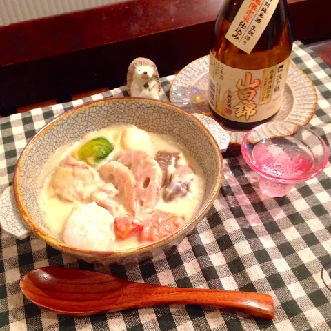 「兵庫県播州産山田錦生貯蔵酒 300ml」を使ってみたSnapdishの料理・レシピ写真:酒粕入り鶏肉と根菜の豆乳シチュー💓