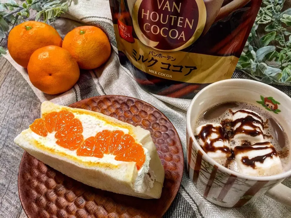 Snapdishの料理写真:🍊みかんサンドとHOTココアにマシュマロ浮かべてティータイム☕️|あつみんさん