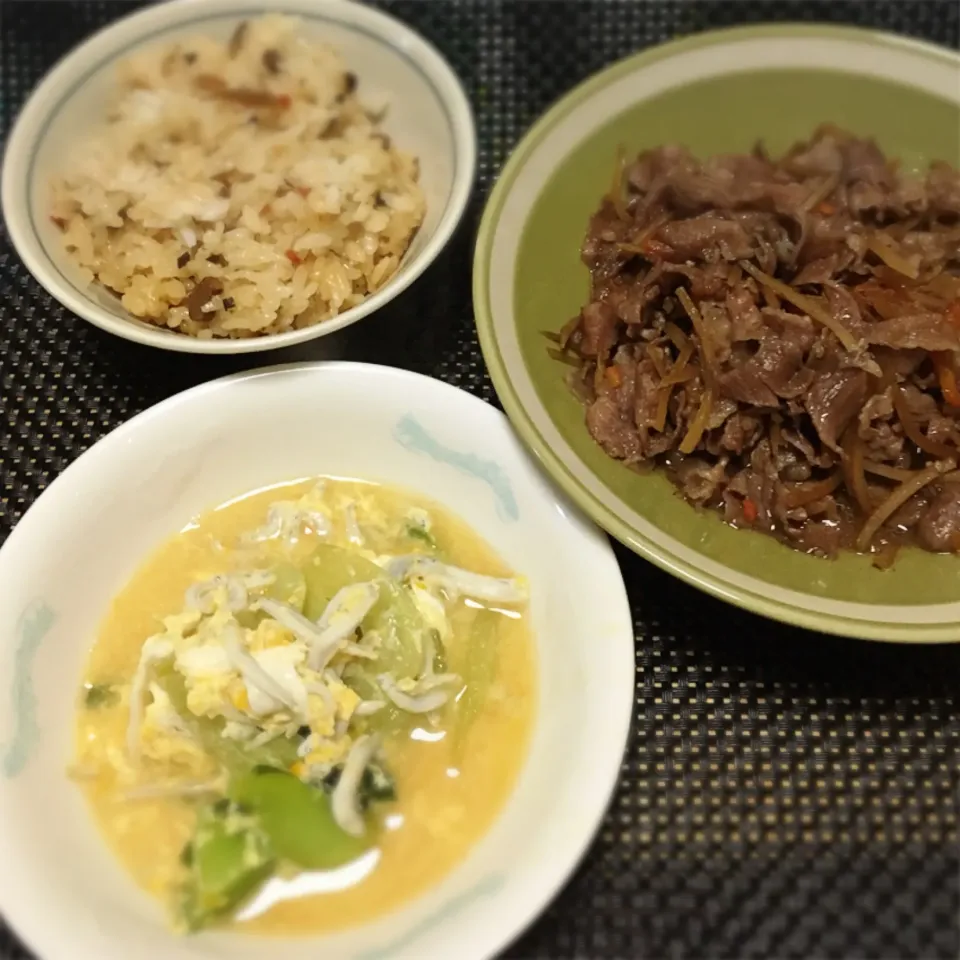 かつおめし・ごぼう入り牛肉しぐれ煮・しらすと青梗菜の卵とじ|美也子さん