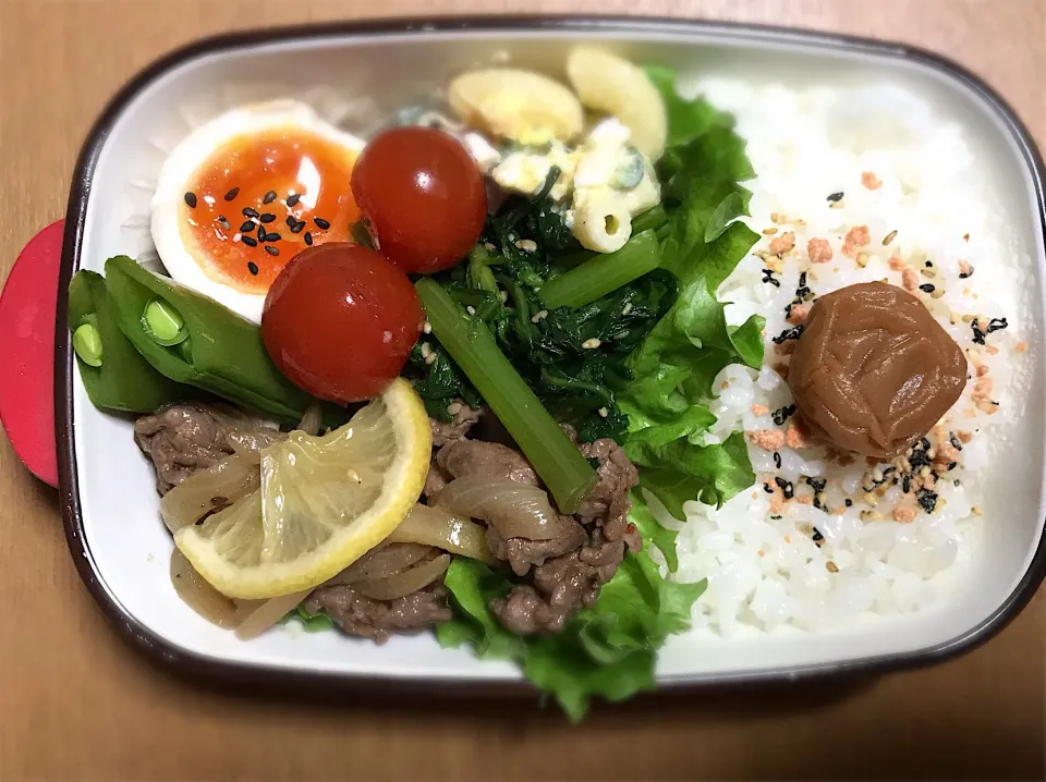 自分弁当🍱😋
プルコギ、味玉、マカロニサラダ、春菊のおひたし、プチ🍅の出しびたし|トトロ好きさん