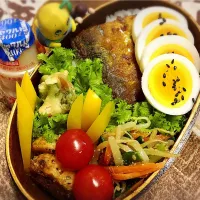 塩サバのカレー焼き&長芋のパタポンソテー&ギョニソアスパラ天&ゆで玉子&パプリカ&3色ナムル&わさび菜&プチトマト🍅のダーリンお弁当♪

 #弁当  #フチ子 #水道回復！🚰