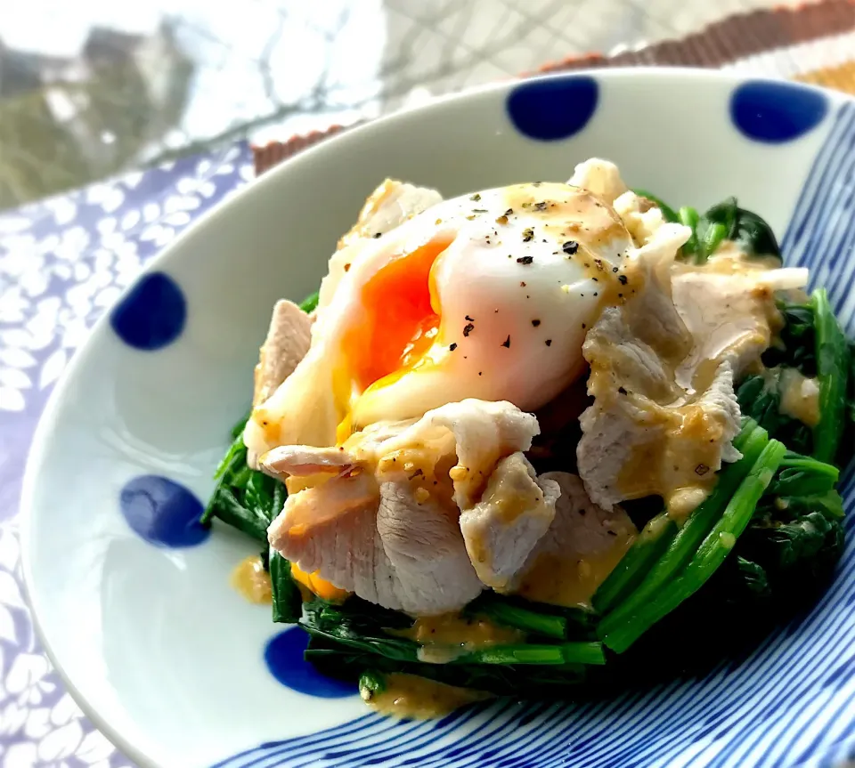 昼ごはん  茹で豚とほうれん草のホットサラダ|砂雪さん