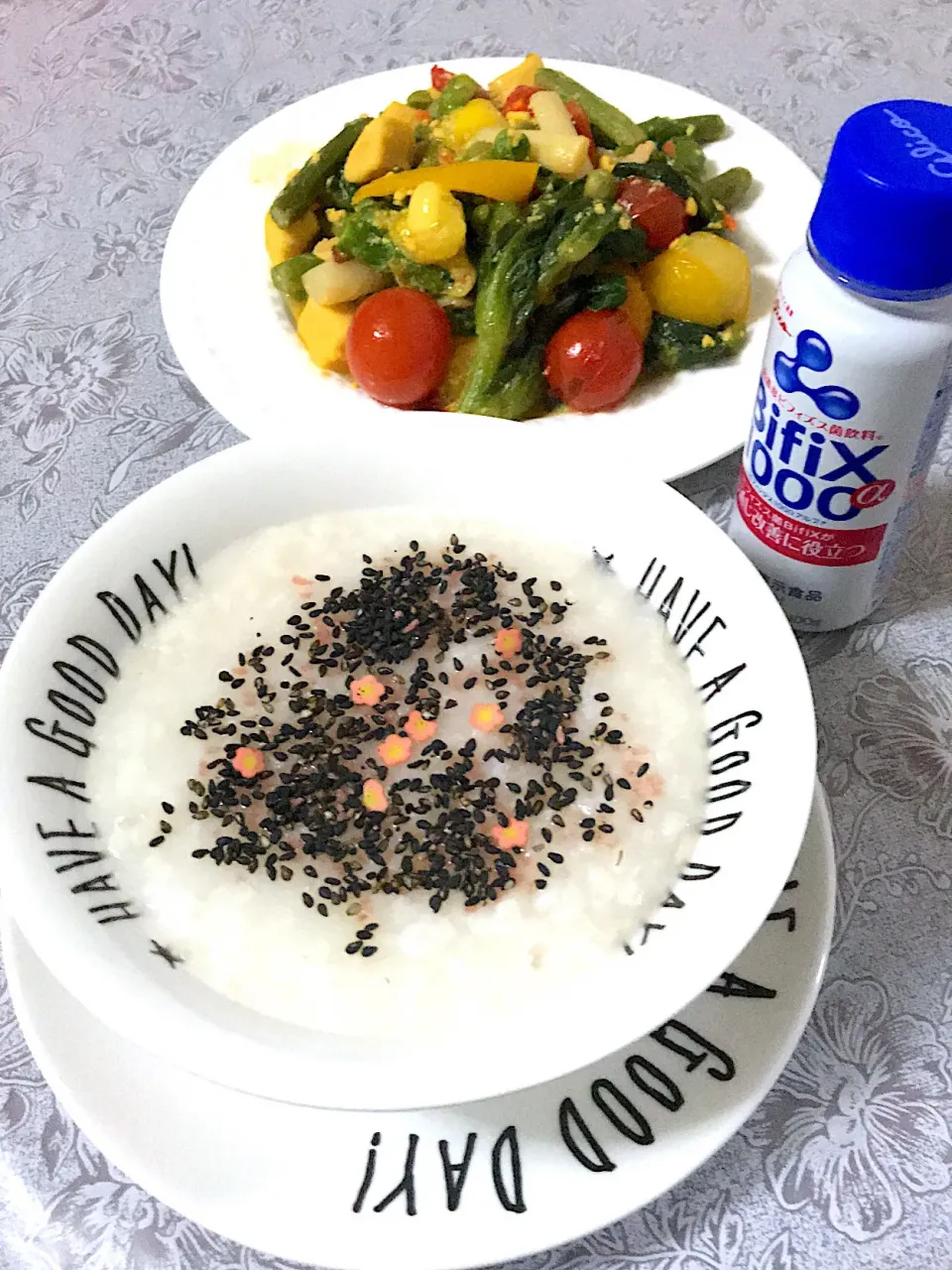 Snapdishの料理写真:お粥と菜の花とトマトと高野豆腐の卵どし|🌸きぃまま🌸さん